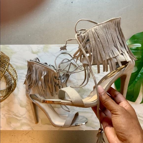 Qupid Faux-Suede Gray Stiletto Fringe Ankle Lace Up Tie Single Strap Peep Heels - Picture 3 of 8